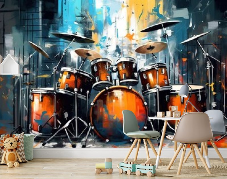 Generatieve AI, jazzmuziek straatkunst met drums muziekinstrument silhouet. Inkt kleurrijke graffitikunst op een gestructureerde muur, canvasachtergrond.	
