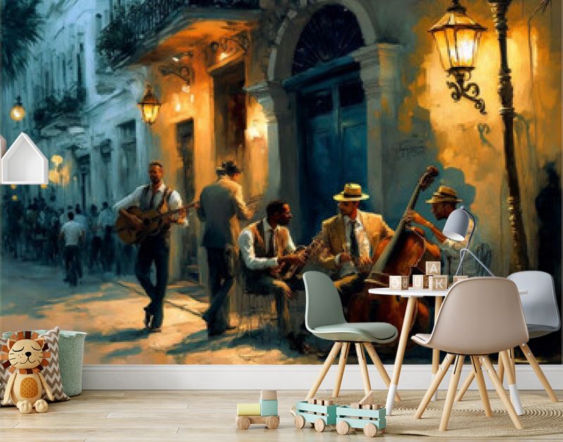 jazzband Havana Street, olieverfschilderij. Generatieve AI