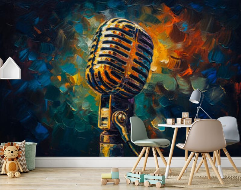 Levendige, met olie geschilderde microfoonillustratie die de essentie van muziek en creativiteit vastlegt. Gegenereerde AI