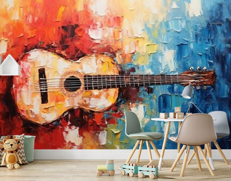 Getextureerd acrylschilderij van gitaar met paletmesstreken, bedoeld voor wanddecoratie, achtergronden, achtergrond, met aangewezen ruimte voor tekst.