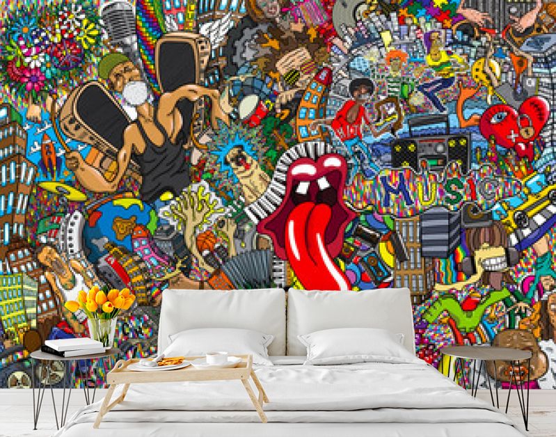 Muziekcollage op een grote bakstenen muur, graffiti
