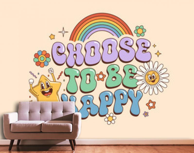 Groovy hippie quote Choose to Be Happy with retro 70s funky characters, vector banner. Hippie quote text with groovy rainbow and quirky daisy flower with comic star smile in 60s or 70s art background