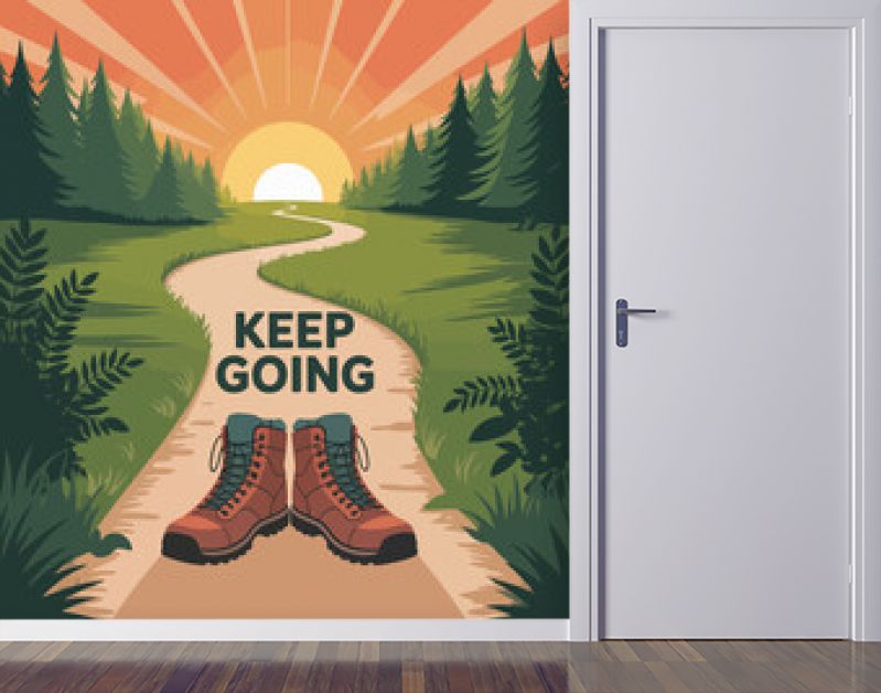 Inspirational motivational poster featuring hiking boots on a winding forest path under a vibrant sunrise promoting perseverance and encouraging quotes to keep going vector