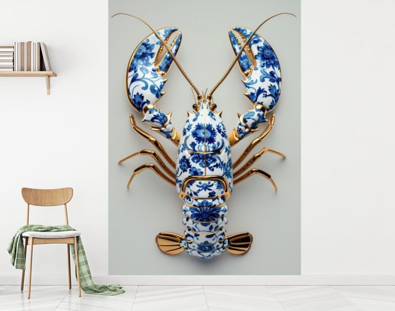 Delfts blauwe kreeft met goud op zacht salie