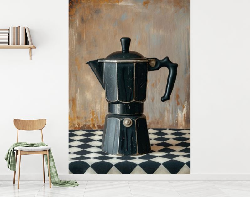 Koffie percolator zwart op geruit tafelkleed