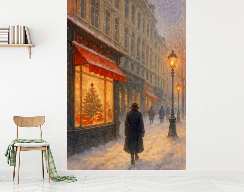 Kerstavond in de stad met verlichte etalage