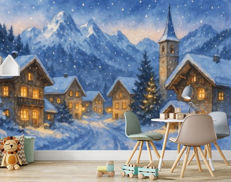 Winters Alpen­dorp met besneeuwde huizen en kerktoren