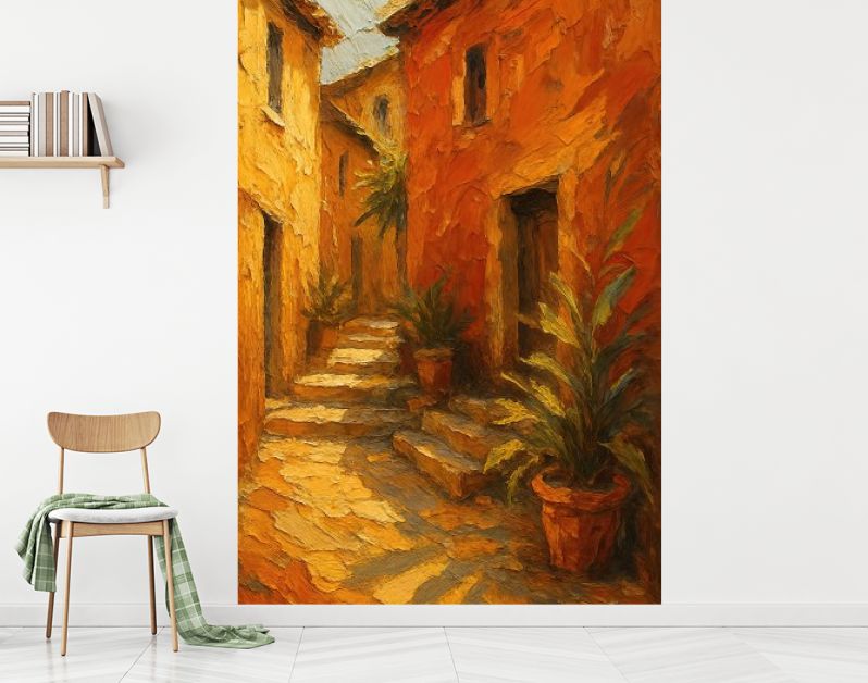 Mediterrane straat met terracotta muren en trap