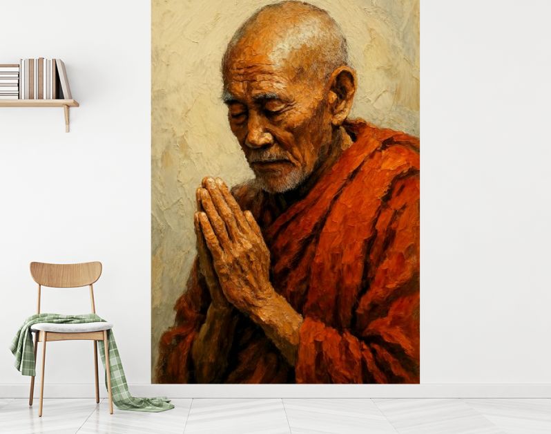 Oude monnik in gebed in rood gewaad