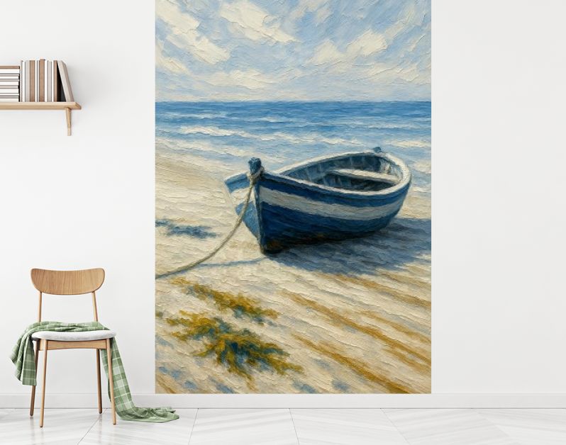 Blauwe roeiboot op rustig strand bij zee