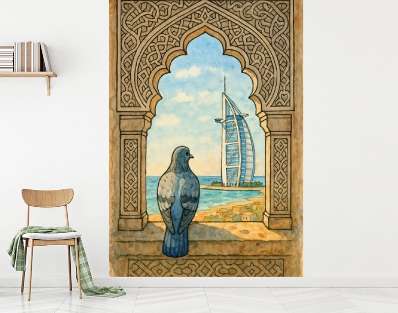 Duif bij islamitisch raam met Burj Al Arab uitzicht
