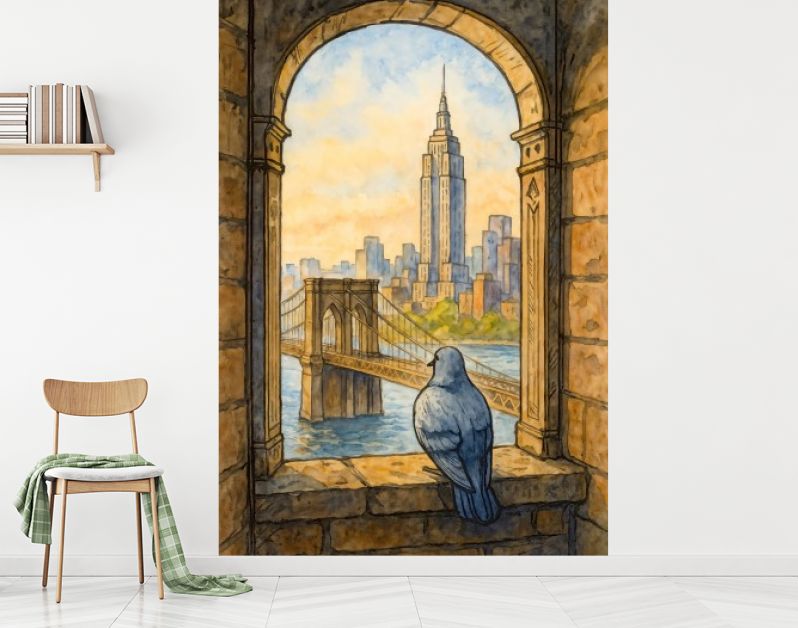 Duif bij romaans raam met uitzicht Empire State Building en Brooklyn Bridge