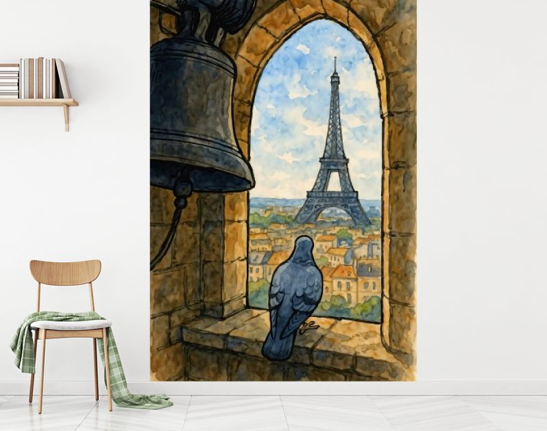 Duif in gotische klokkentoren met uitzicht Eiffeltoren