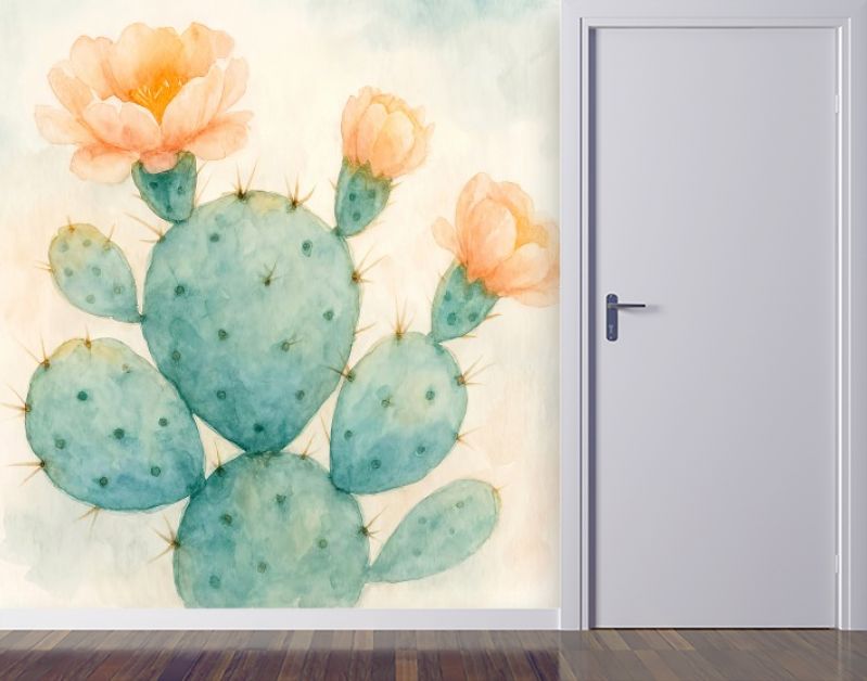 Groene cactus met bloeiende bloemen in zachte pasteltinten