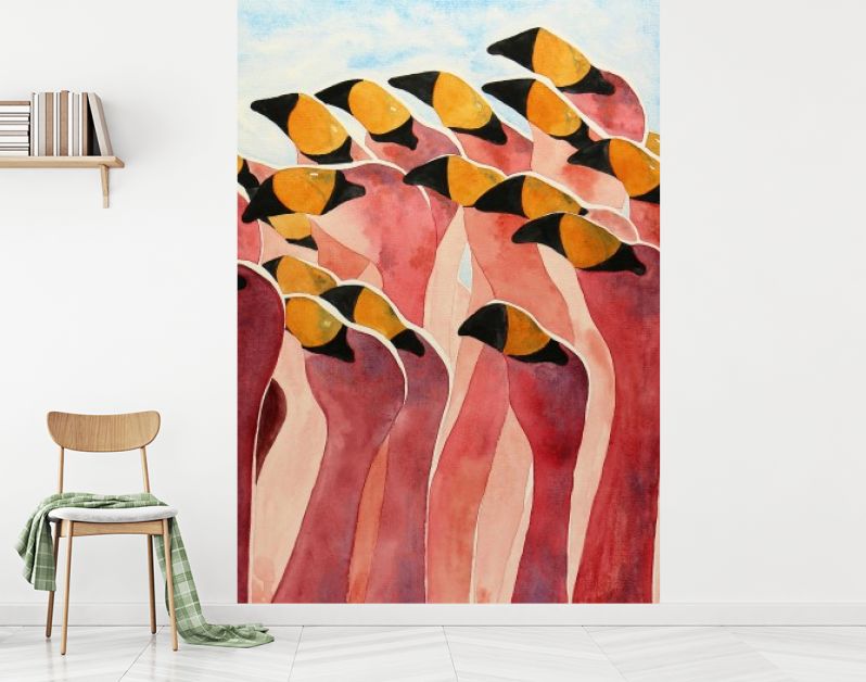 Groep flamingo’s met opgeheven koppen