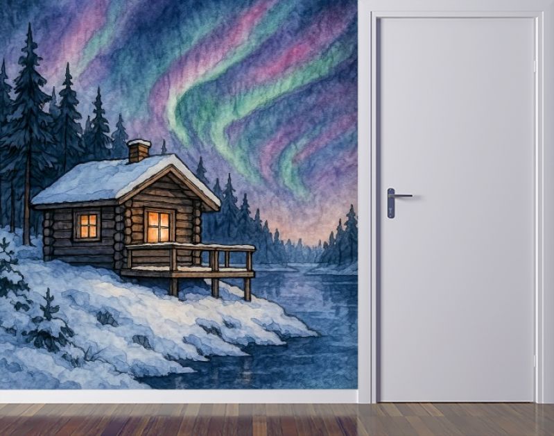 Houten blokhut aan het water met noorderlicht in Noorwegen