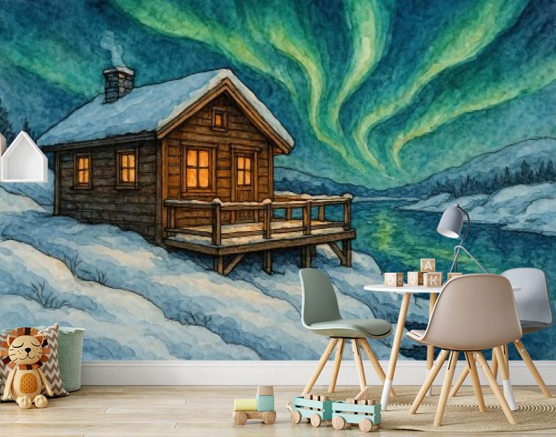 Houten huisje aan het water in Scandinavië bij noorderlicht