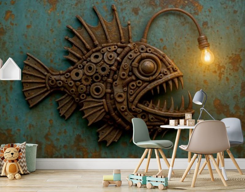 Industriële hengelvis van schroot met brandend lampje