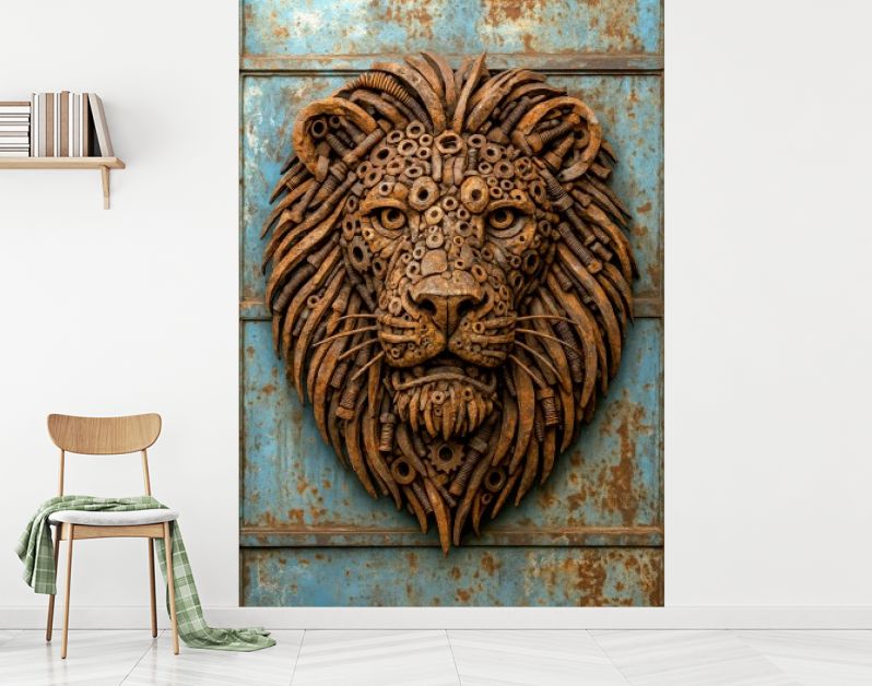 Industrieel leeuwenportret van oud metaal