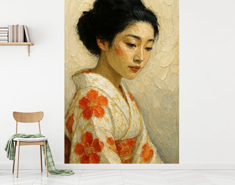 Japanse geisha in kimono met oranje bloemen