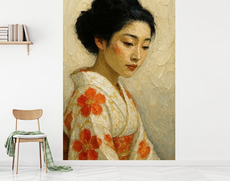 Japanse geisha in kimono met oranje bloemen