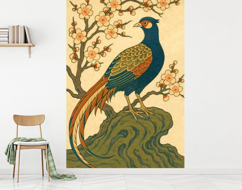 Japanse fazant bij pruimenboom met bloesem in ukiyo-e stijl