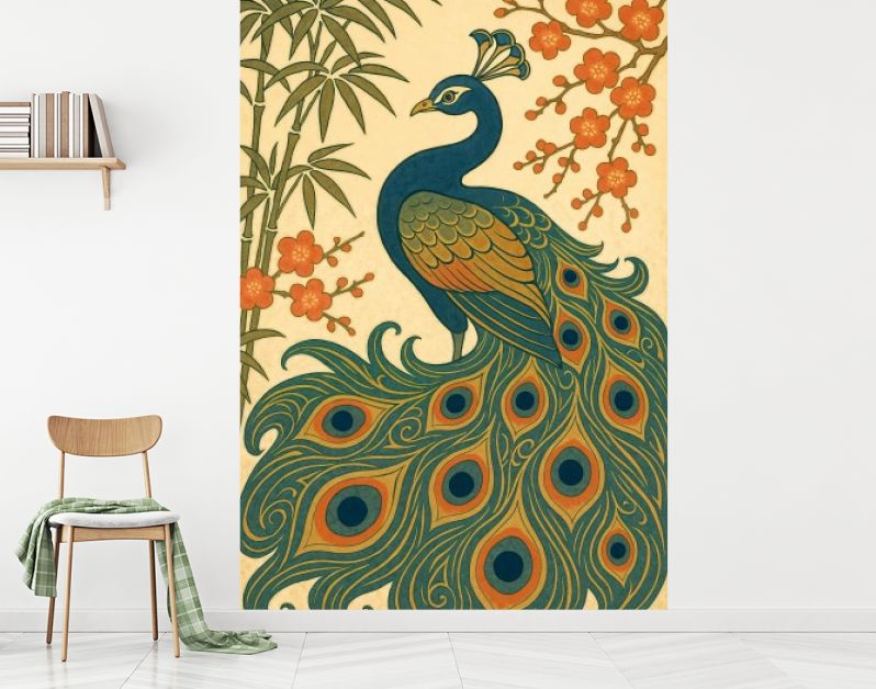 Japanse pauw met bamboe en bloesem in ukiyo-e stijl