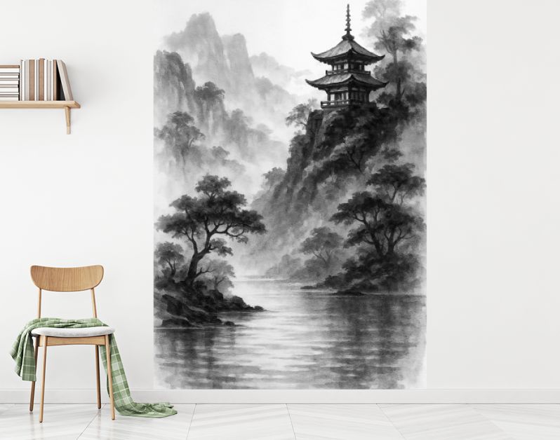 Japanse tempel boven mistig waterlandschap