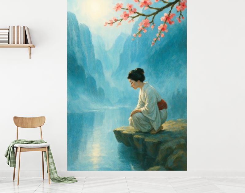 Japanse vrouw bij rivier met kersenbloesem