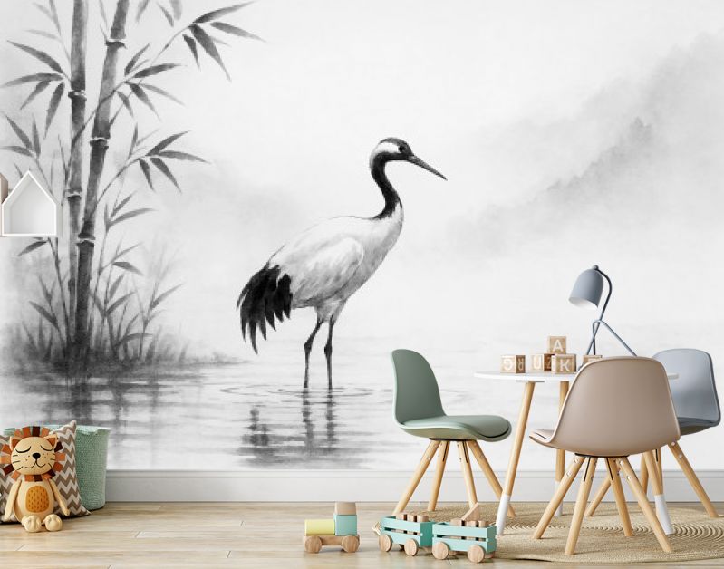 Kraanvogel aan de rivier in Japanse inkstijl