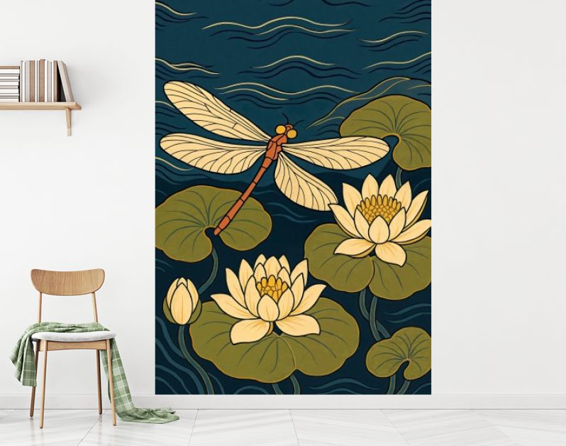 Libelle boven waterlelies in Japanse ukiyo-e stijl