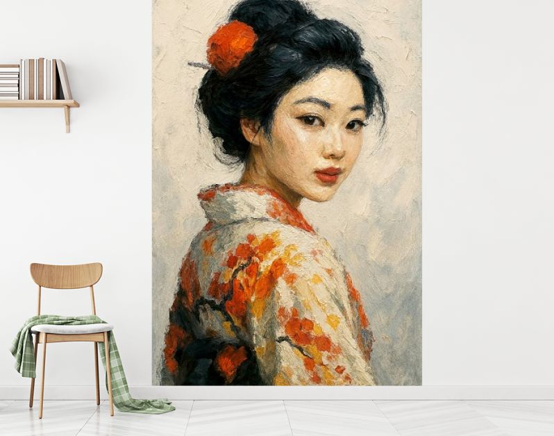 Portret van Japanse geisha in zijden kimono