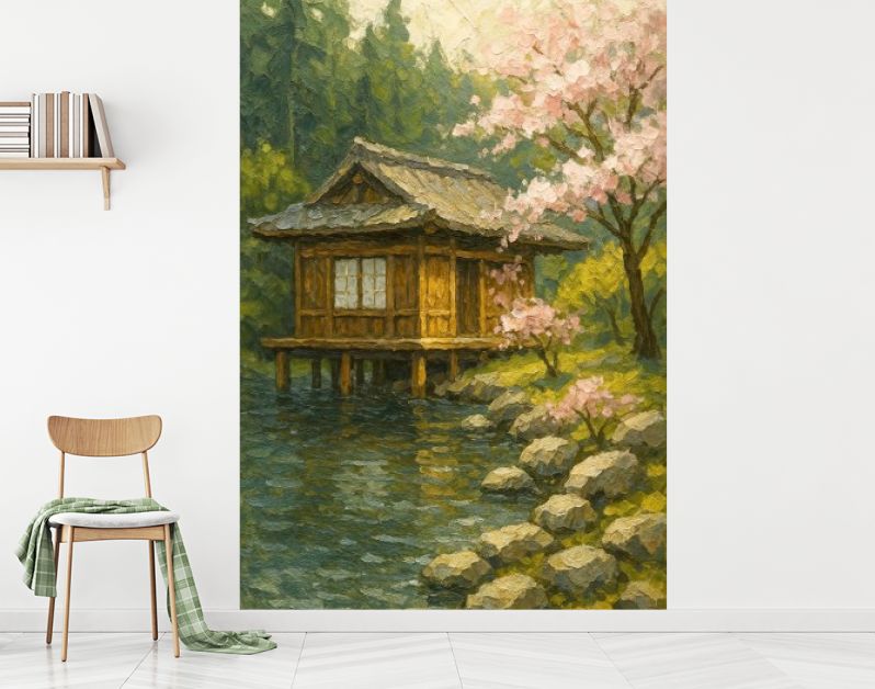 Rustig Japans theehuis bij vijver en kersenbloesem