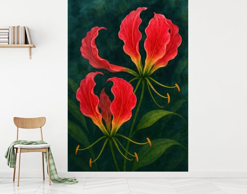 Rode gloriosa bloem op donkergroene achtergrond