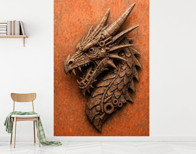 Roestige draak in industriële schrootstijl