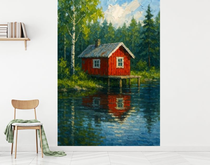 Rood houten huisje aan het water in Noorwegen