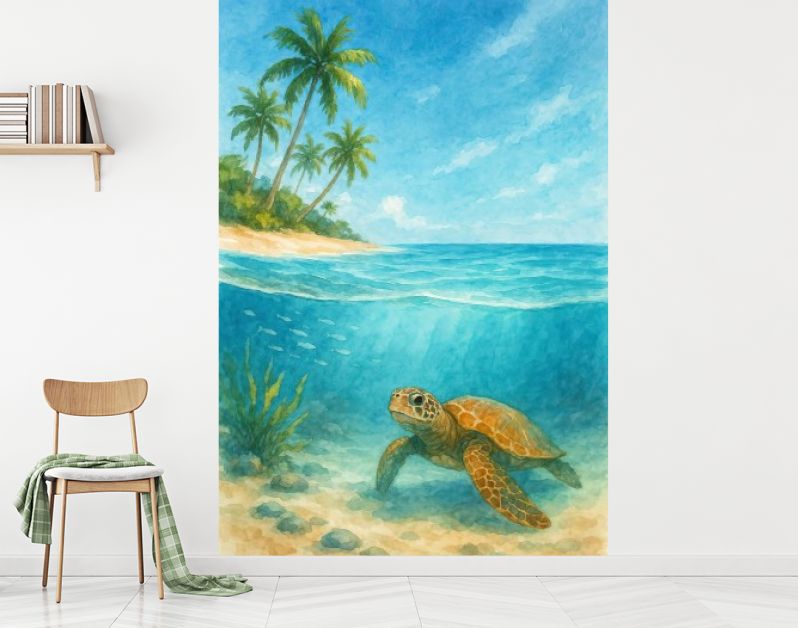 Schildpad bij tropisch strand en palmbomen