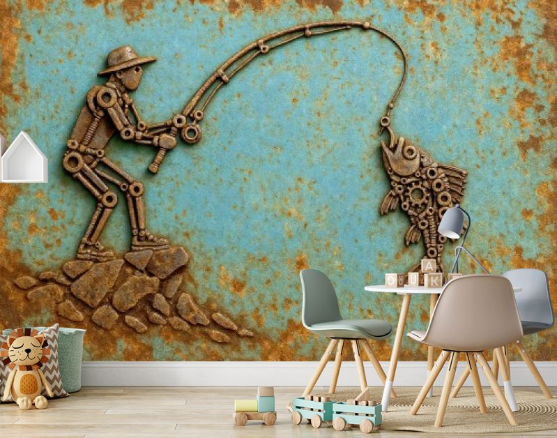 Schrootkunst van een visser met hengel in industriële stijl