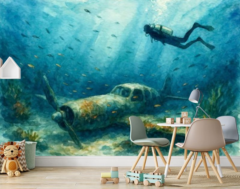 Scubaduiker boven oud vliegtuigwrak in zee