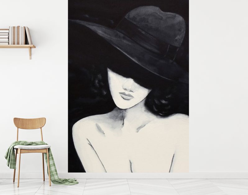 Sensueel vrouwelijk aquarel portret met grote hoed