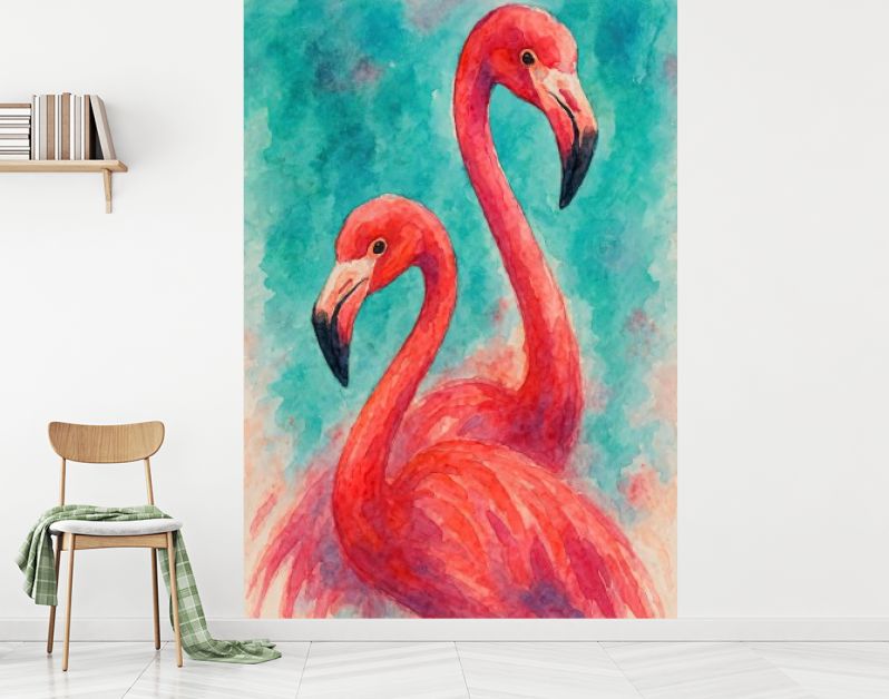 Twee roze flamingo’s tegen tropische turquoise achtergrond