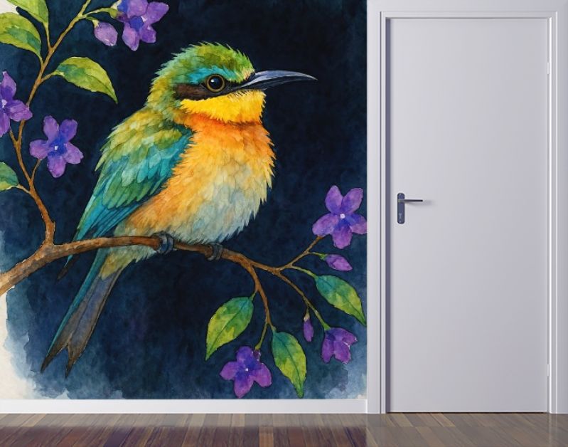 Tropische bijeneter vogel op tak met paarse bloemen