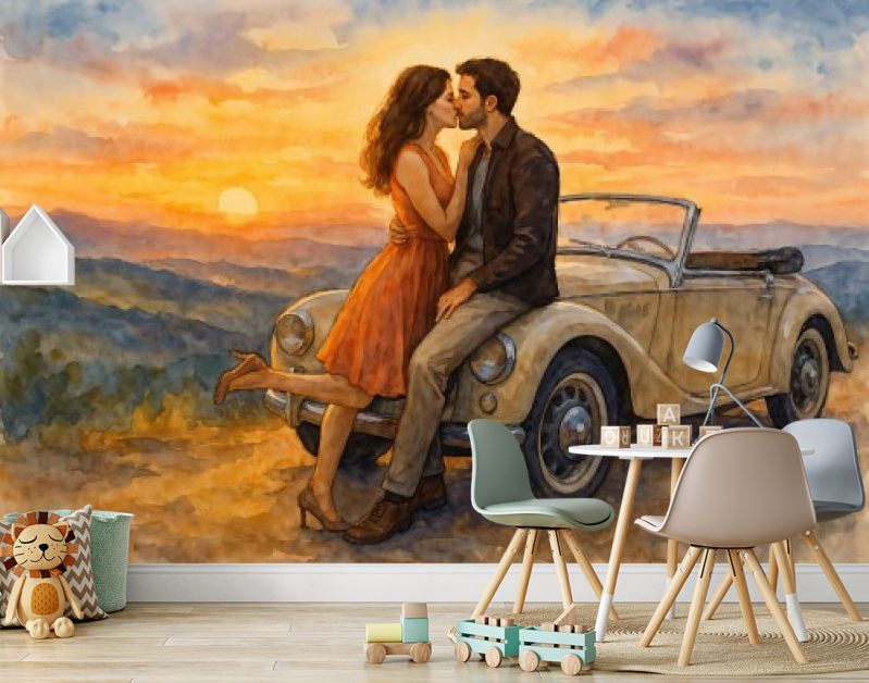 Verliefd stel kust bij klassieke cabrio oldtimer tijdens zonsondergang