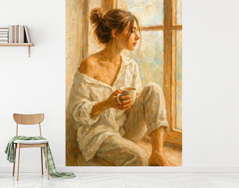 Vrouw met warme kop koffie bij het raam