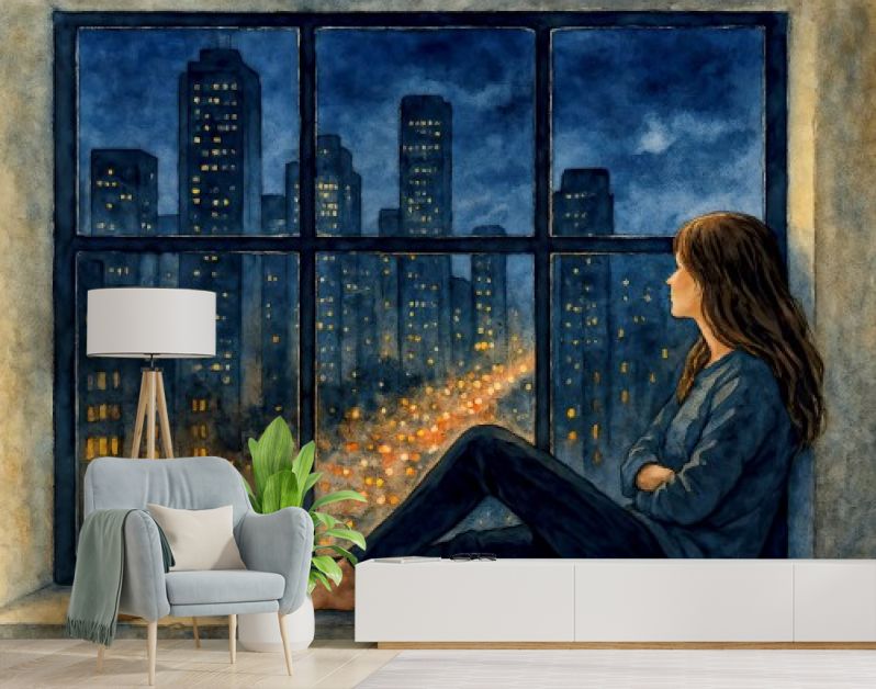 Vrouw en kat bij raam met stadslichten in de avond