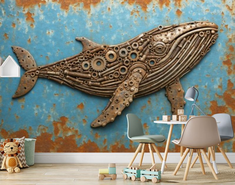 Walvis opgebouwd uit oude bouten, moeren en tandwielen