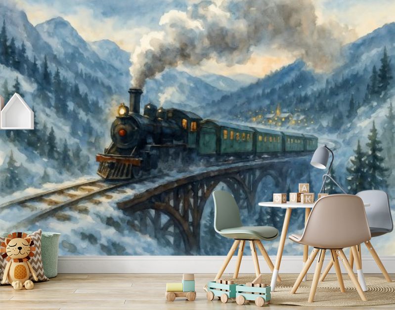 Winterse stoomtrein over brug in berglandschap