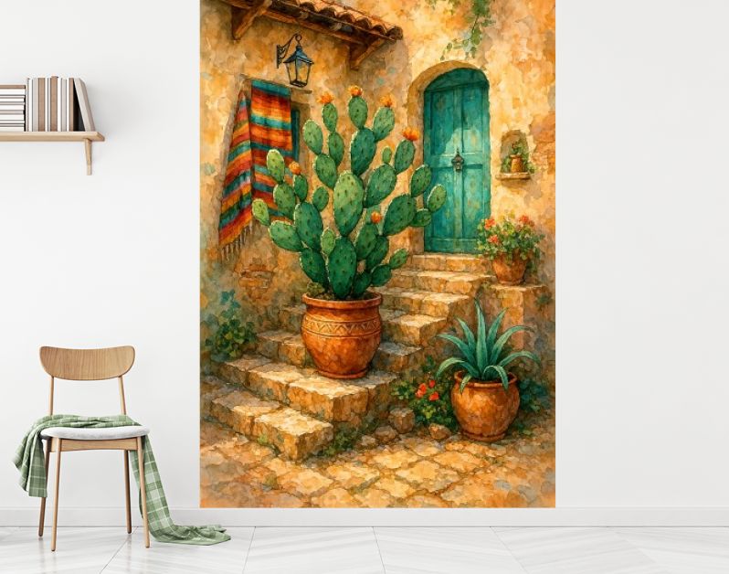 Zonnige Mexicaanse patio met cactus en turquoise deur