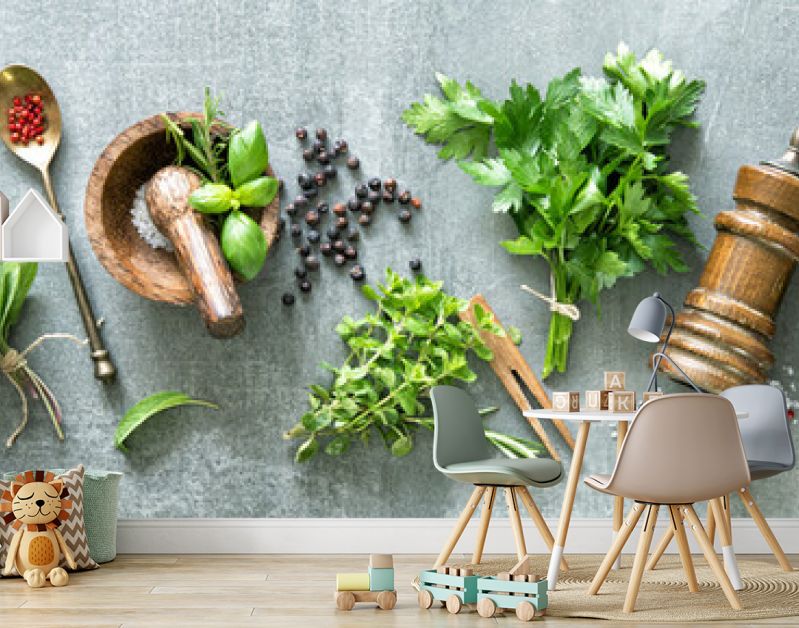 Panoramic background with bunches of fresh garden herbs
