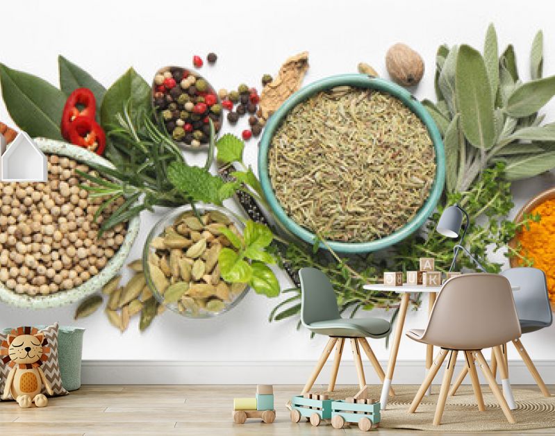 Different fresh herbs and spices on white background, flat lay. Banner design